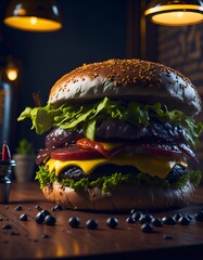 Un gigantesco Hamburger con moltissimi condimenti, locale sullo sfondo