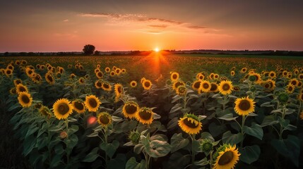 Obraz premium Panoramic field of sunflowers on sunset. Generative AI