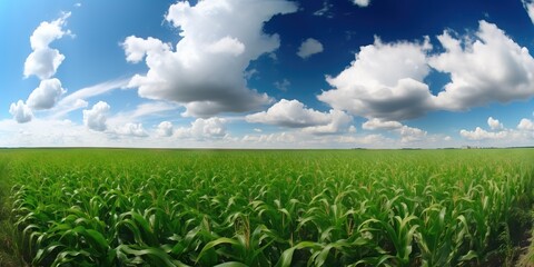 Agricultural corn field on sunny summer day. Generative AI