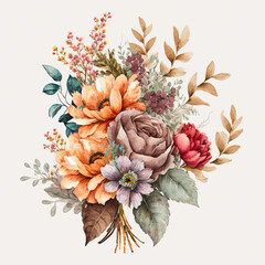 Obraz premium Watercolor vintage flowers bouquet isolated on white background. Botanical illustration. Ai generated