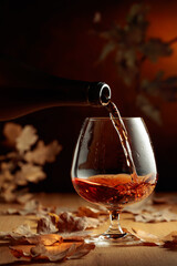 Cognac is poured into a glass from a bottle.