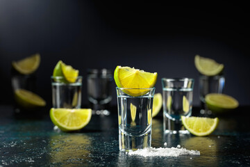 Tequila shots with lime slices and sea salt.