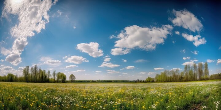 Spring flower field and blue sky with white clouds. Generative AI