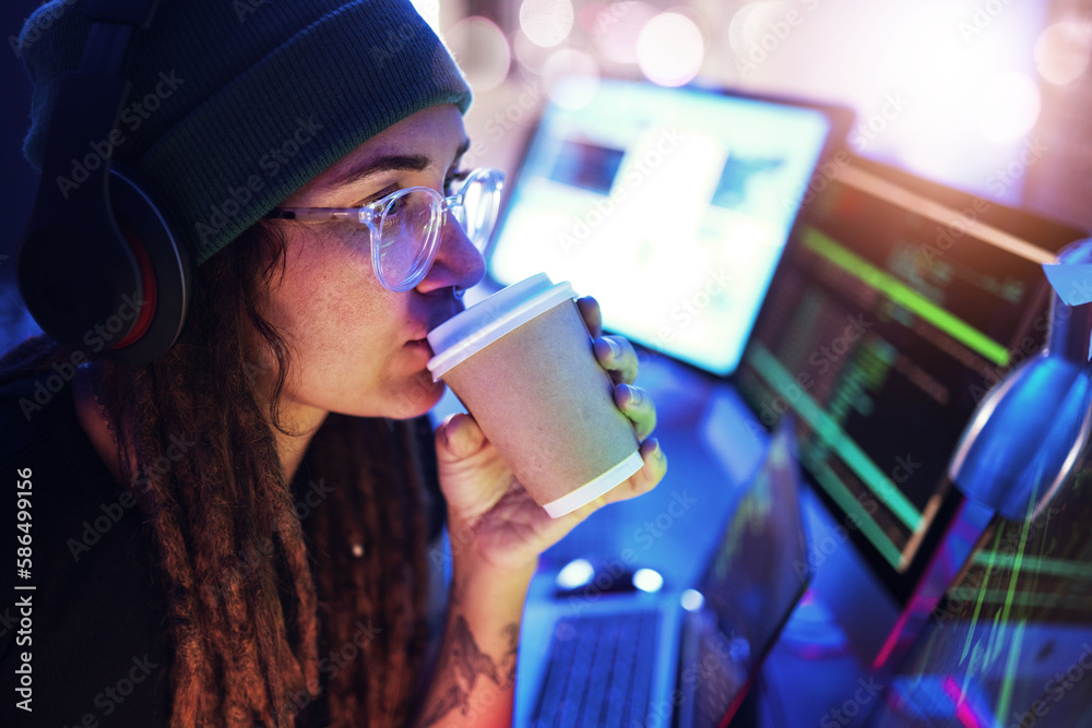 Aufkleber Computer, coffee or woman hacker in dark room at night for coding, phishing or researching blockchain. Data analysis, programmer or girl hacking online in digital cybersecurity on global ai website