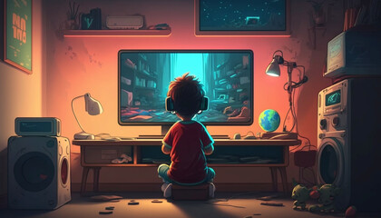 Cartoon style illustration of Kid playing video games in room. Generative Ai.