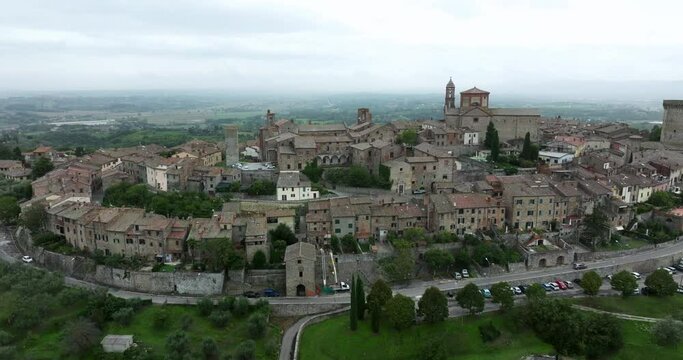 Lucignano Village With Misty Landscape In Tuscany, Italy. - aerial