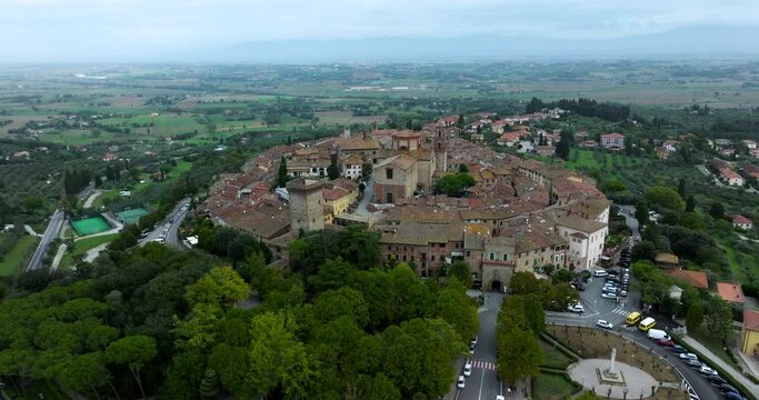 Aerial View of Houses, Church And Historical Landmarks In Lucignano, Tuscany, Italy.