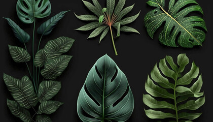 Collection of tropical leaves foliage plant. Generative Ai.