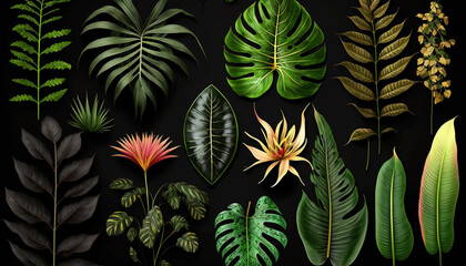 Fototapeta na wymiar Collection of tropical leaves foliage plant. Generative Ai.