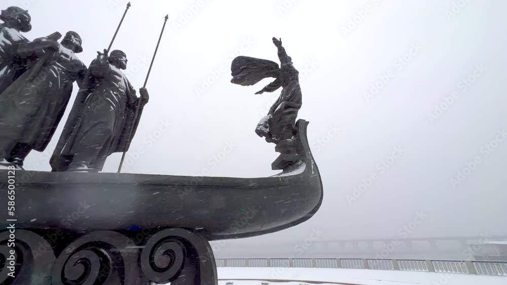 Poster Panorama of Kyiv City Founders Monument under the snow, Kyiv, Ukraine