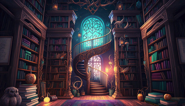 Colorful library of magic. Generative Ai.
