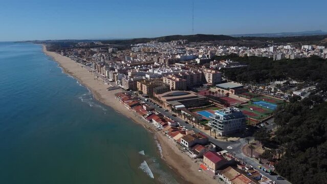 Aerial epic view of the coast of Guardamar del Segura Spanish town at sunny day in summer
