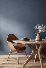 Home mockup, modern dark blue dining room interior with brown leather chairs, wooden table and decor, 3d render