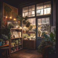 Plant shop. Small business. Flower shop loft modern interior. Generative Ai technology.