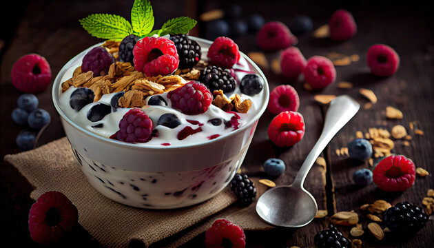 Composition of a typical genuine breakfast made with yogurt, blueberries, raspberries, blackberries with Generative AI Technology