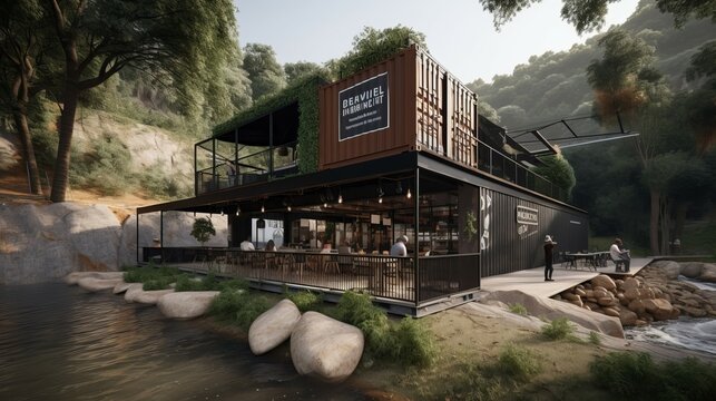 an industrial-style coffee shop in a valley beside the forest stream stock image illustration by generative ai technology