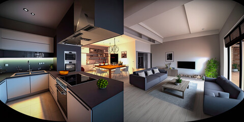 Fototapeta na wymiar A modern kitchen and living room of a new house - Generative AI