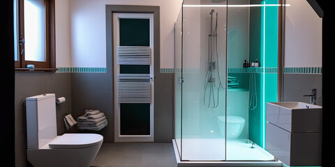 A 3D rendering of a modern bathroom suite in a hotel - Generative AI