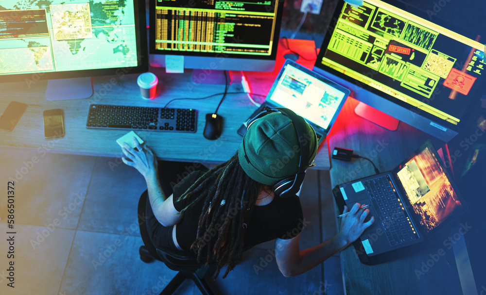 Leinwandbilder Coding hacker, woman programmer and computer work for cybersecurity, programming and big data. Hack above, dashboard and technology of a female working on futuristic, iot and software database