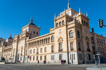 Fototapeta na wymiar Valladolid, Spain - November 12 2022: Cavalry Academy building in the center of Valladolid city. Plaza de Zorrilla Square in front of the building. Beautiful architecture.