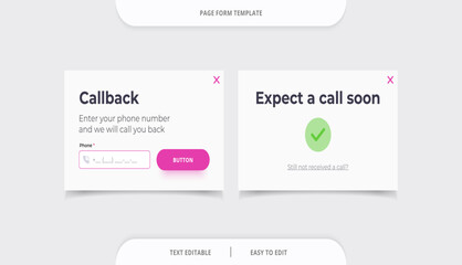 Callback page form template. Submission confirmation page form. Popup form. Website UI concept.