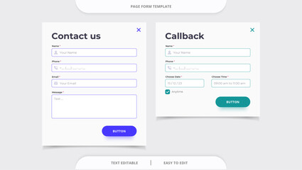 Contact us and Callback page form template. Feedback form, popup form. Website UI concept.