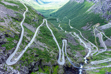Norway troll road - Trollstigen serpentine mountain road. Trollstigveien winding mountain road in Rauma Municipality in Norway.