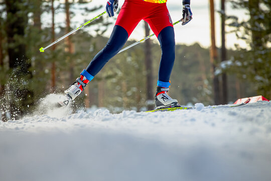 male skier running uphill in cross-country skiing, Fischer racing skis, Rossignol ski boots, winter olympic sports