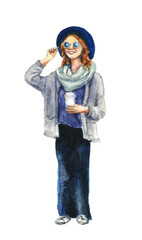 Watercolor drawing beautiful fair hear woman in hat with cup in hand