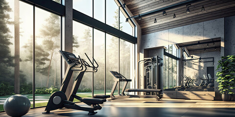 Modern and stylish gym interior with equipment - Generative AI - obrazy, fototapety, plakaty