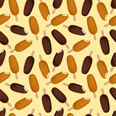 Seamless pattern with popsicle on a stick. Vector illustration of chocolate and milk ice cream sundae for fabrics, textures, wallpapers, posters, cards. Editable elements.