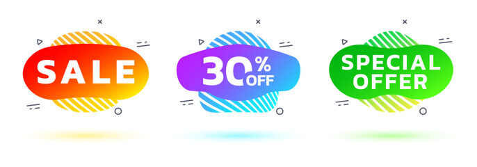 Sale badge, sticker or label set. Special offer, price off liquid shape design. Discount, promotion gradient color banners. Vector illustration. 