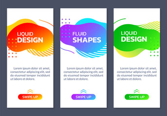 Abstract shape mobile background set. Liquid design banner, story or cover for smartphone app. Modern geometric ui layout with fluid shapes. Vector illustration.