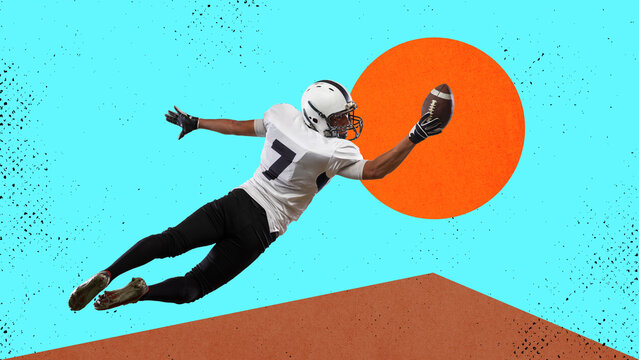 Professional american football player in uniform training, playing against colorful background. Contemporary art collage. Concept of sport, competition, action and motion. Creative design