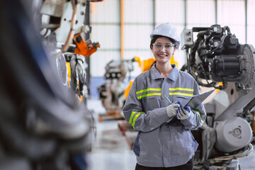 Engineer woman team worker work in Machine Robotic modern Automation Industry. Mechanic staff...