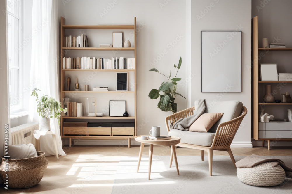 Wall mural scandinavian bookcase with armchair in modern cozy interior of room. Home library with book shelf. Generative AI.