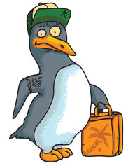 Penguin with a suitcase and a cap goes on a trip to warm places, vector illustration