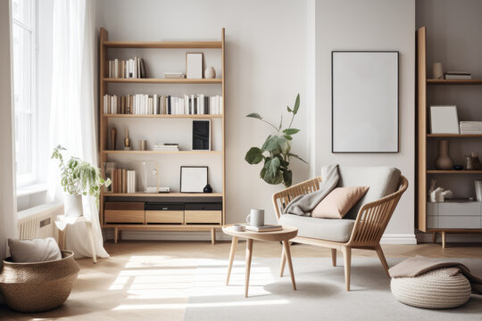 scandinavian bookcase with armchair in modern cozy interior of room. Home library with book shelf. Generative AI.