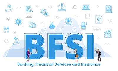 Fototapeta na wymiar bfsi banking financial services and insurance concept with big words and people surrounded by related icon with blue color style