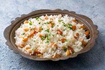 Traditional delicious Turkish food; Almond rice pilaf (Turkish name; Bademli pirinc pilavi)
