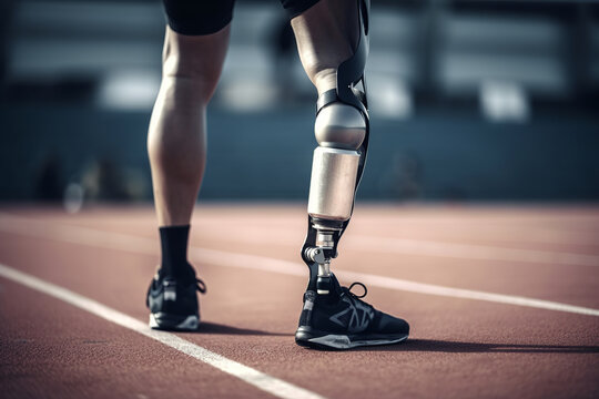 Athlete with prosthetic leg, disabled person with an artificial leg at training session in an outdoor stadium. Close-up, rear view, low angle view. Generative AI