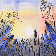 Watercolor sunset flowers illustration. Hand-drawn wildflowers. Mother's Day greeting card. Blue and gold meadow illustration. Field floral artwork. Cute blossoms and a colorful sky for your design.