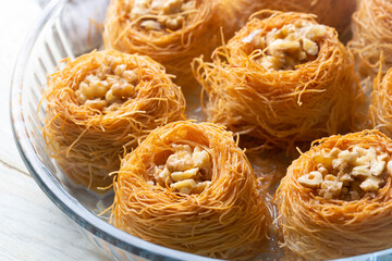 Traditional delicious Turkish food; walnut kadayif, Turkish name; kase kadayif