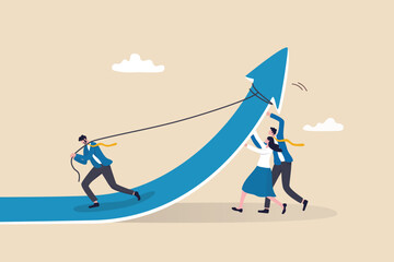 Effort to improve and grow business, teamwork or team collaboration to help pushing company to success, career growth or growing company concept, business people team help pushing arrow rising up.
