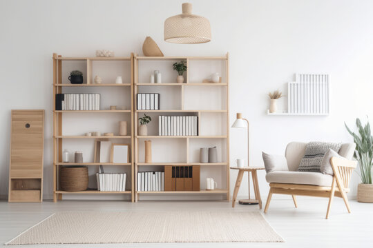 scandinavian bookcase with armchair in modern cozy interior of room. Home library with book shelf. Generative AI.