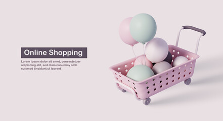 Anniversary E-commerce shopping online concept. cute supermarket basket pink color.