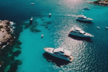 Fototapeta na wymiar Aerial view of luxury yachts and boats in beautiful bay, Generative AI