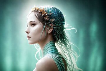 A beautiful inhabitant of the underwater world, a mythical character of fairy tales and fantasy, a mermaid. Generative AI