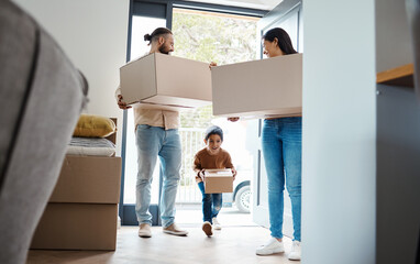 Family moving, new house and box with property, happy people and child with real estate and home owner. Excited kid, mortgage and relocation parents walking in front door with apartment move boxes - obrazy, fototapety, plakaty