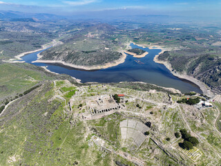 Aerial drone shooting of ancient city of  Pergamon acropolis. Izmir - Turkey